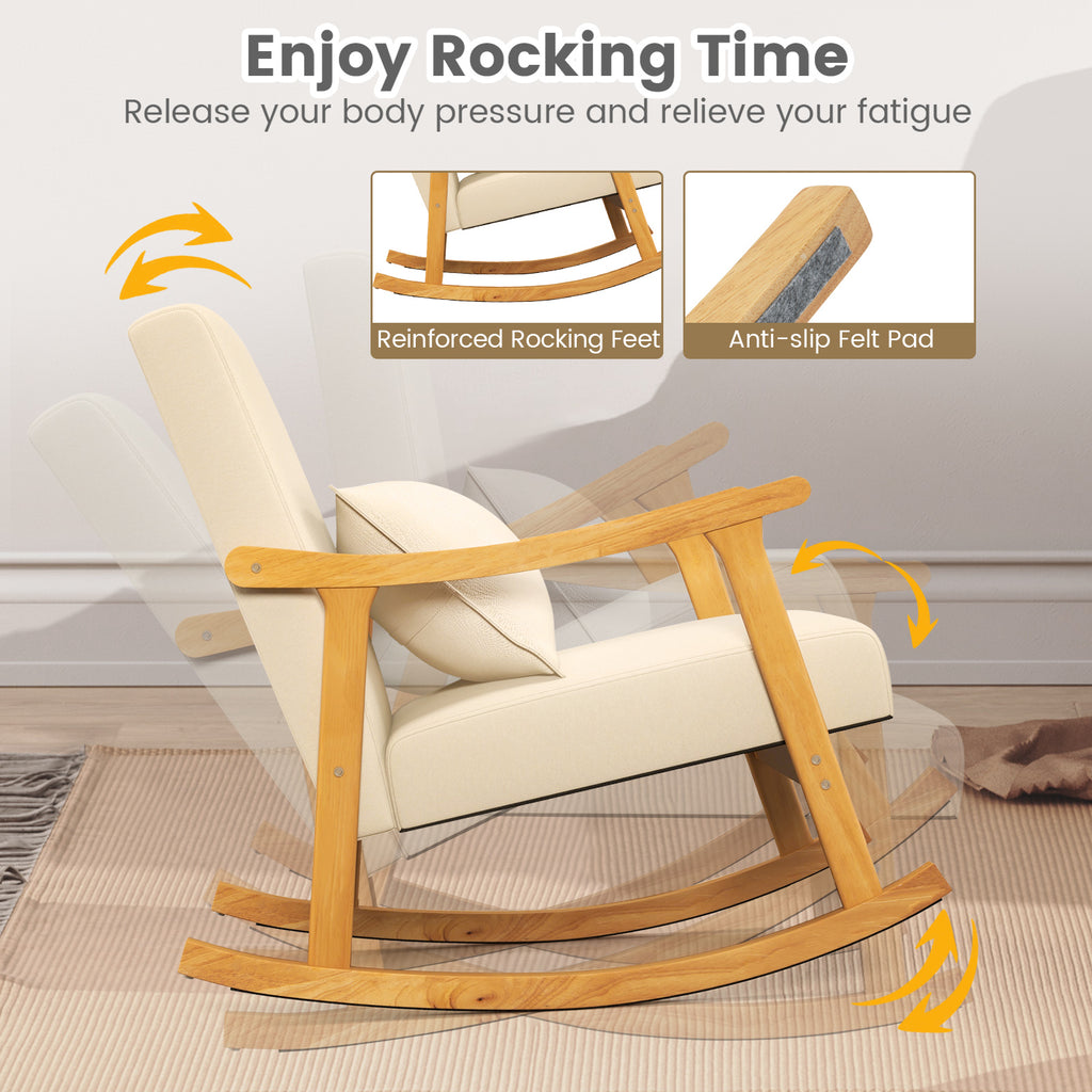 Upholstered Rocking Chair with Pillow and Rubber Wood Frame-Beige