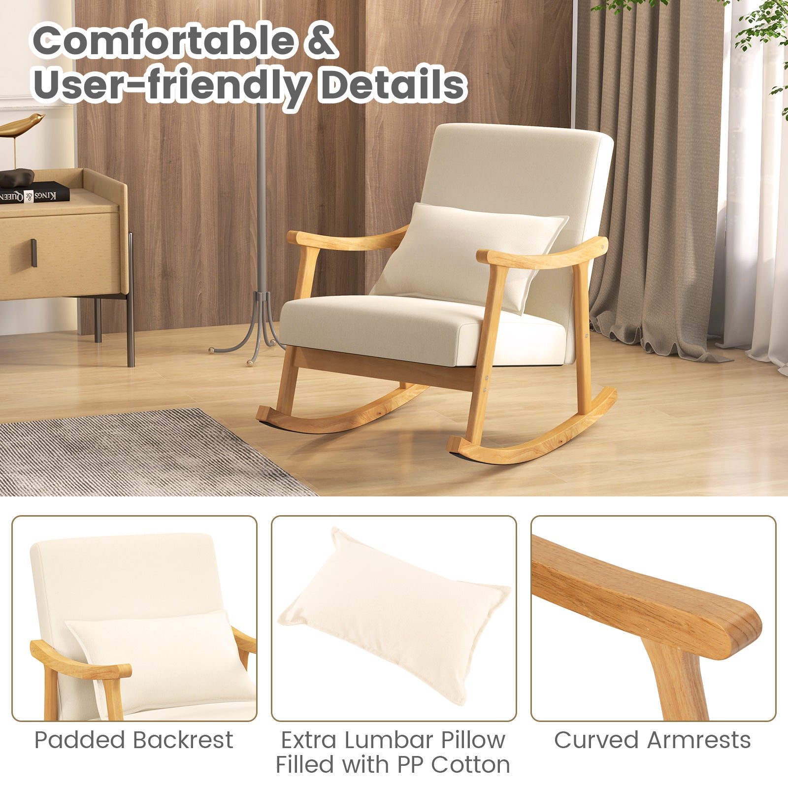 Upholstered Rocking Chair with Pillow and Rubber Wood Frame-Beige