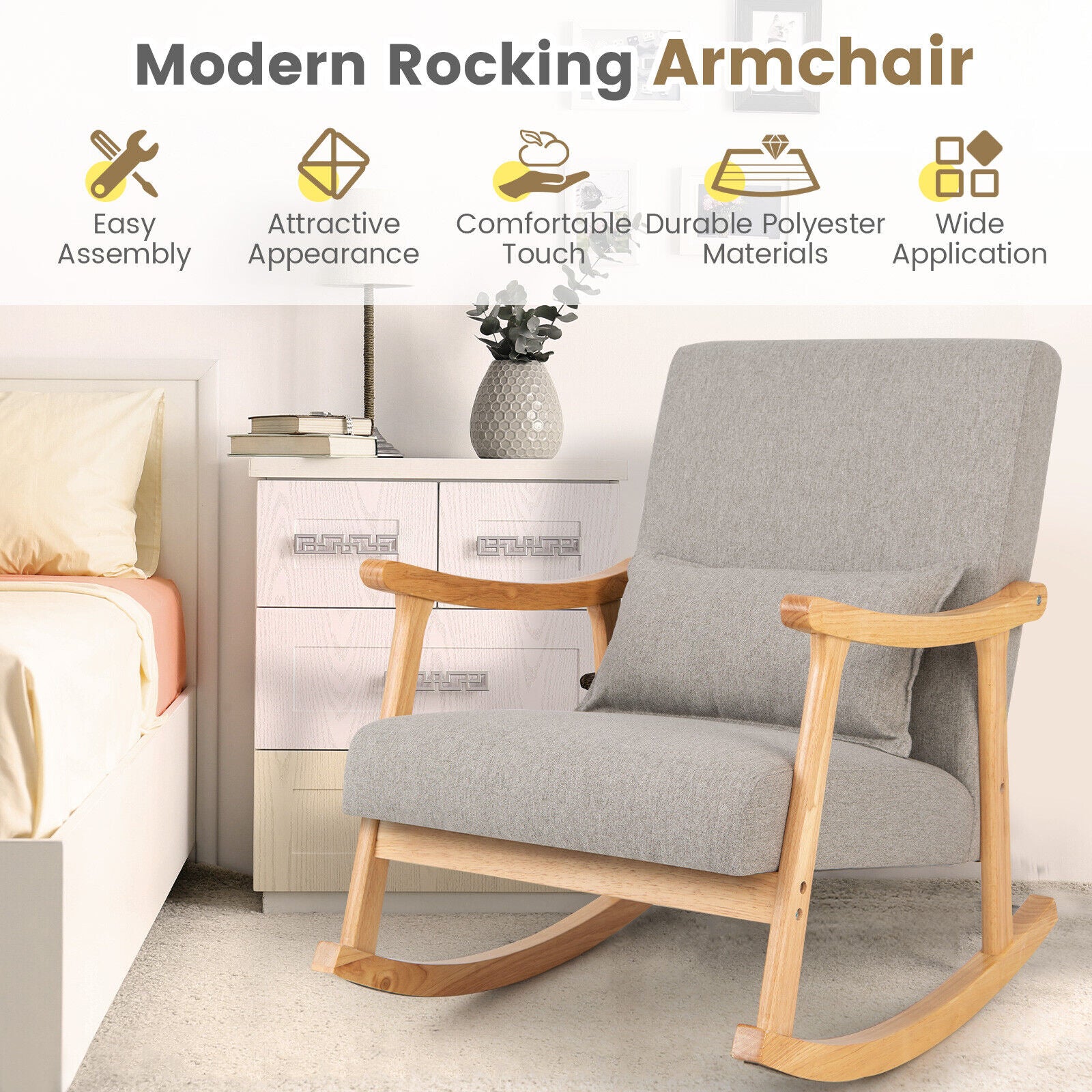 Upholstered Rocking Chair with Pillow and Rubber Wood Frame-Gray