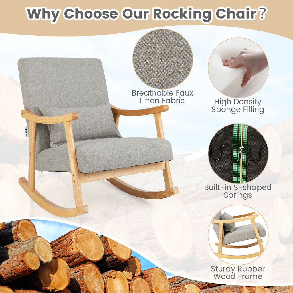 Upholstered Rocking Chair with Pillow and Rubber Wood Frame-Gray