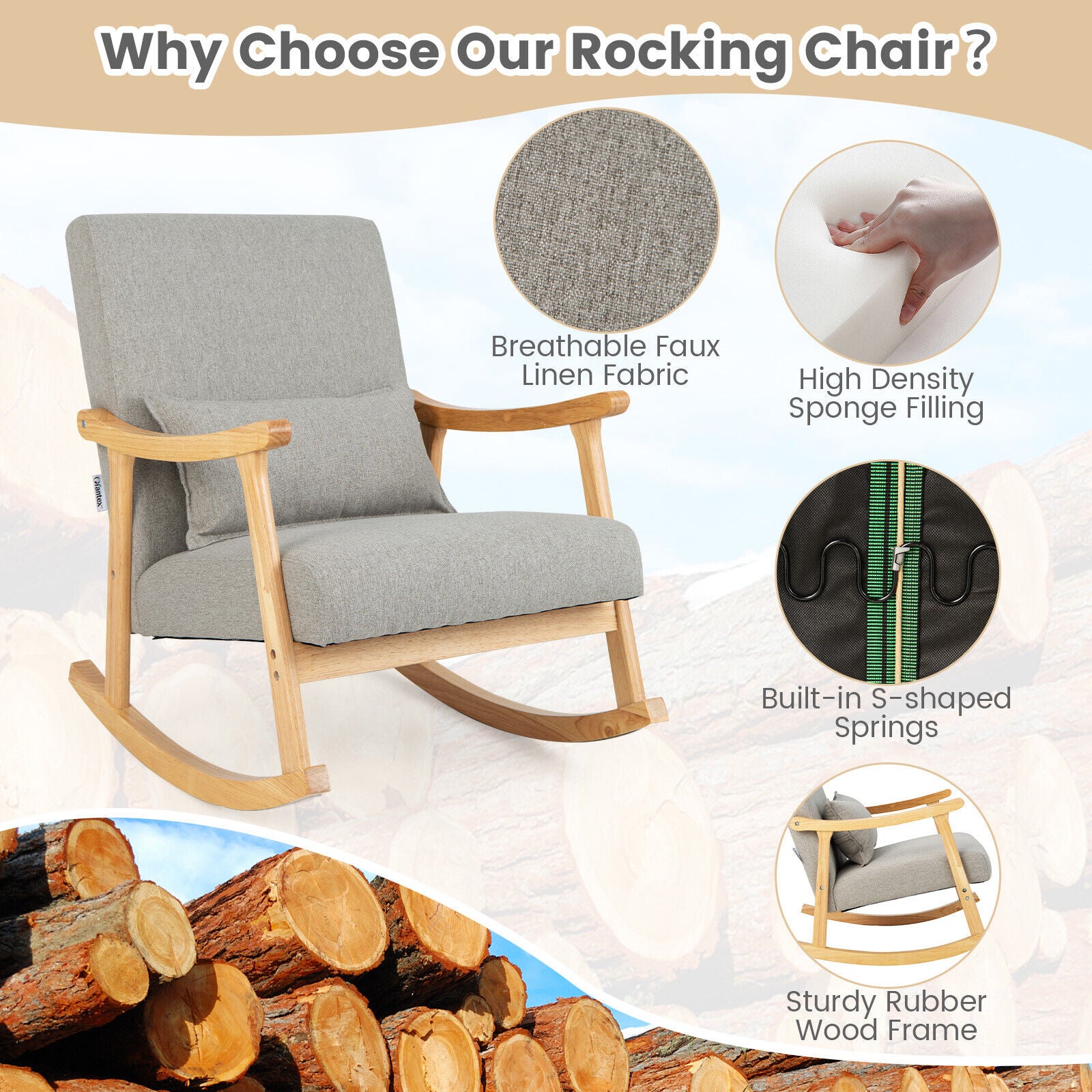 Upholstered Rocking Chair with Pillow and Rubber Wood Frame-Gray