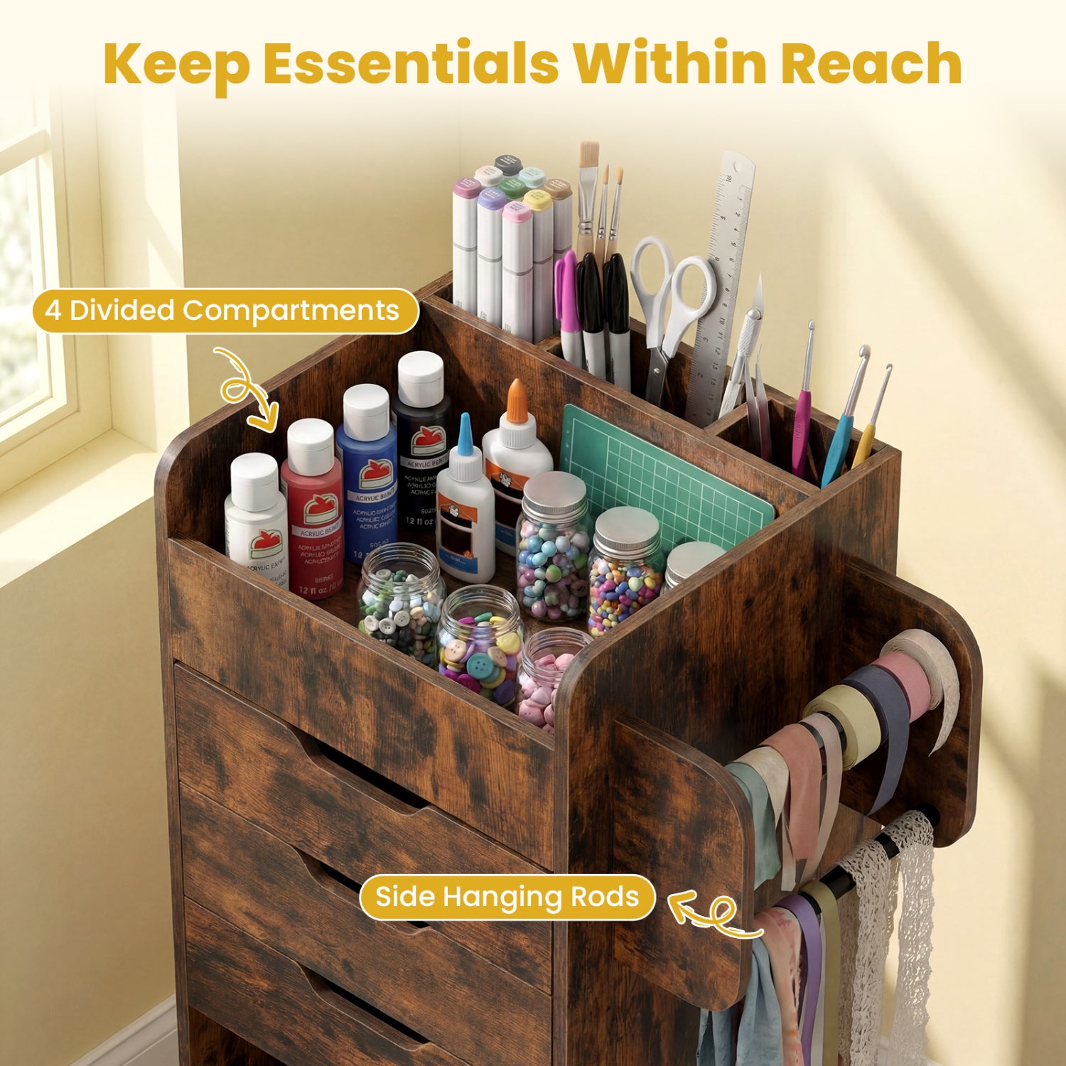 Utility Trolley with Open Shelves and 3 Drawers-Rustic Brown