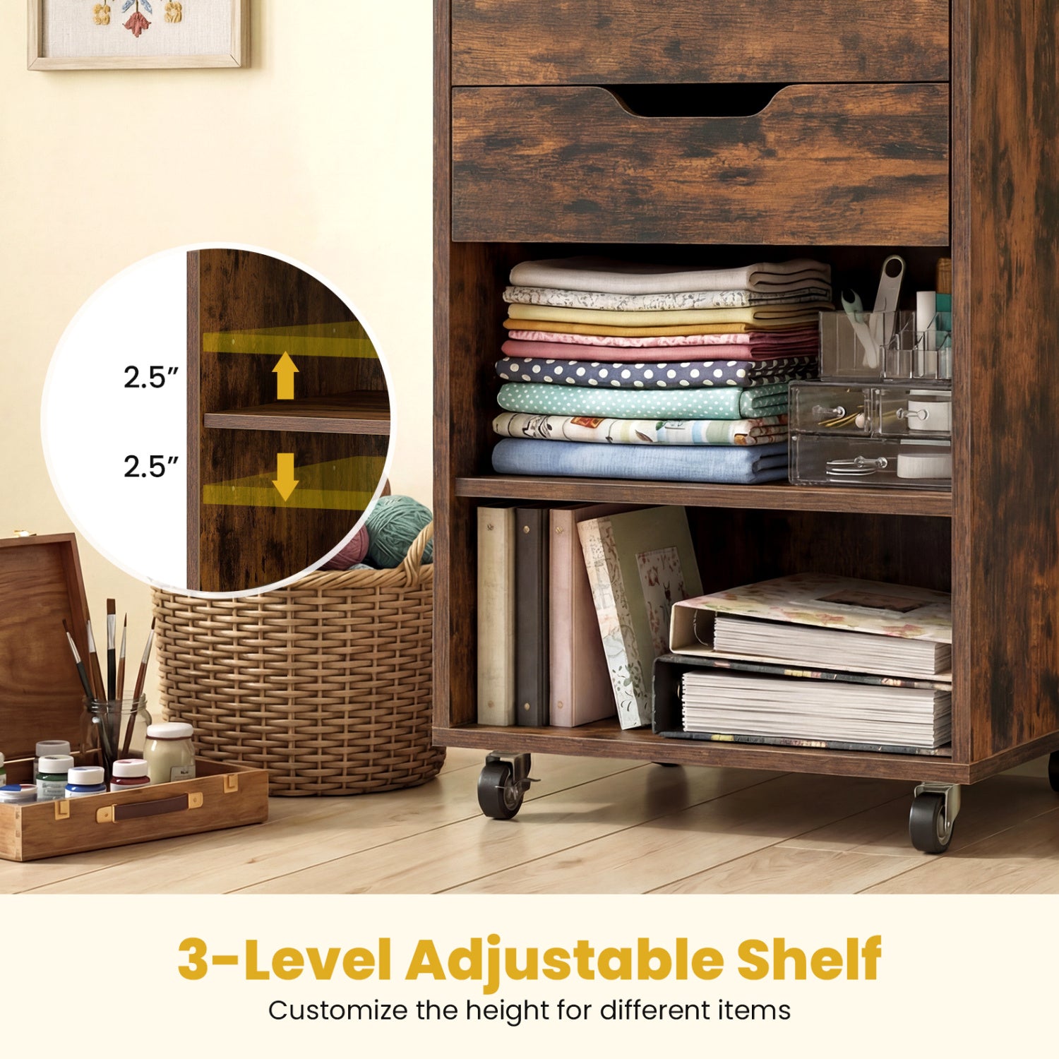 Utility Trolley with Open Shelves and 3 Drawers-Rustic Brown