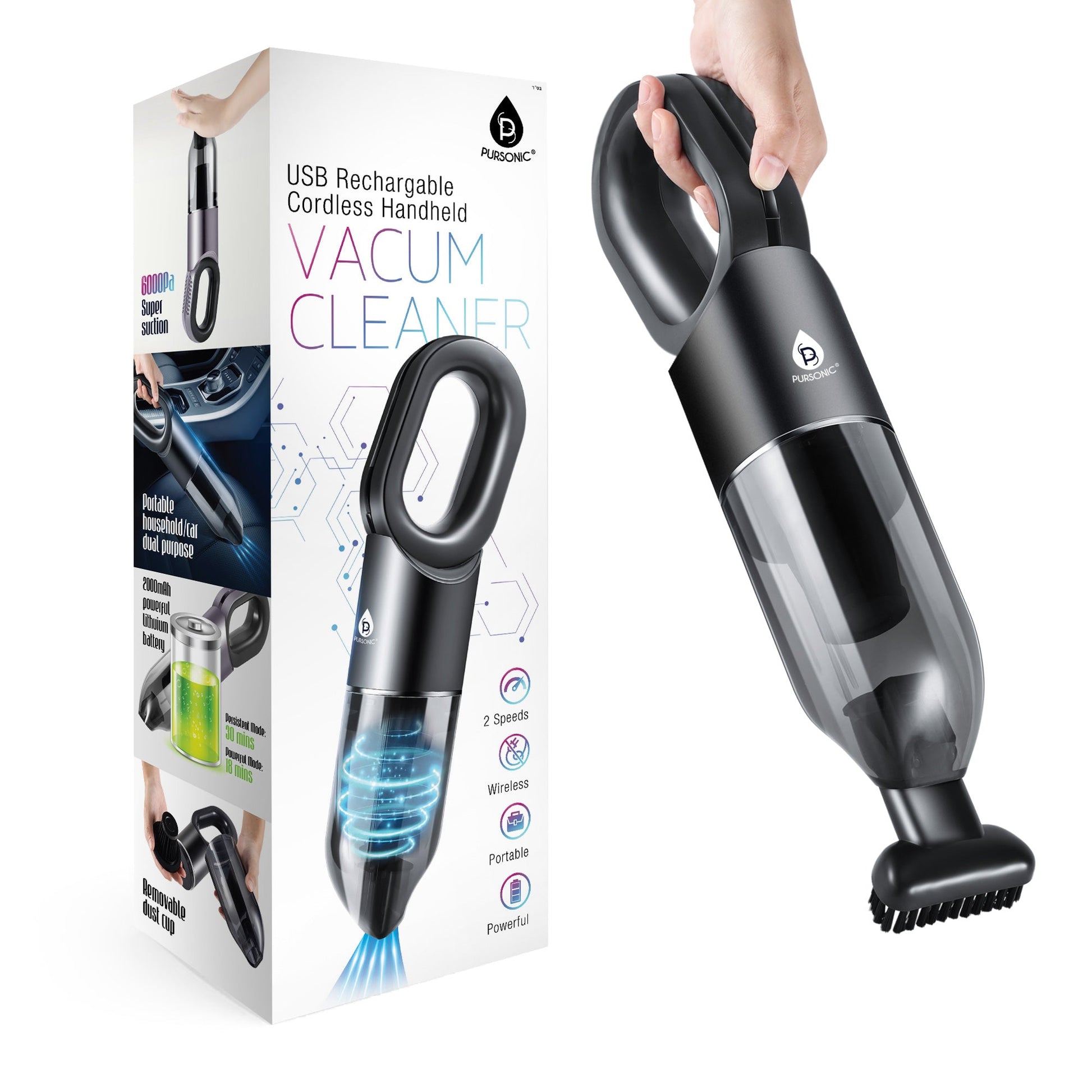USB rechargeable cordless handheld vacuum cleaner with packaging on a white background