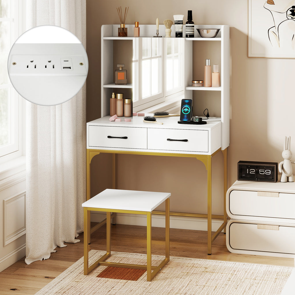 Vanity Desk with Storage Drawers and Charging Station-White