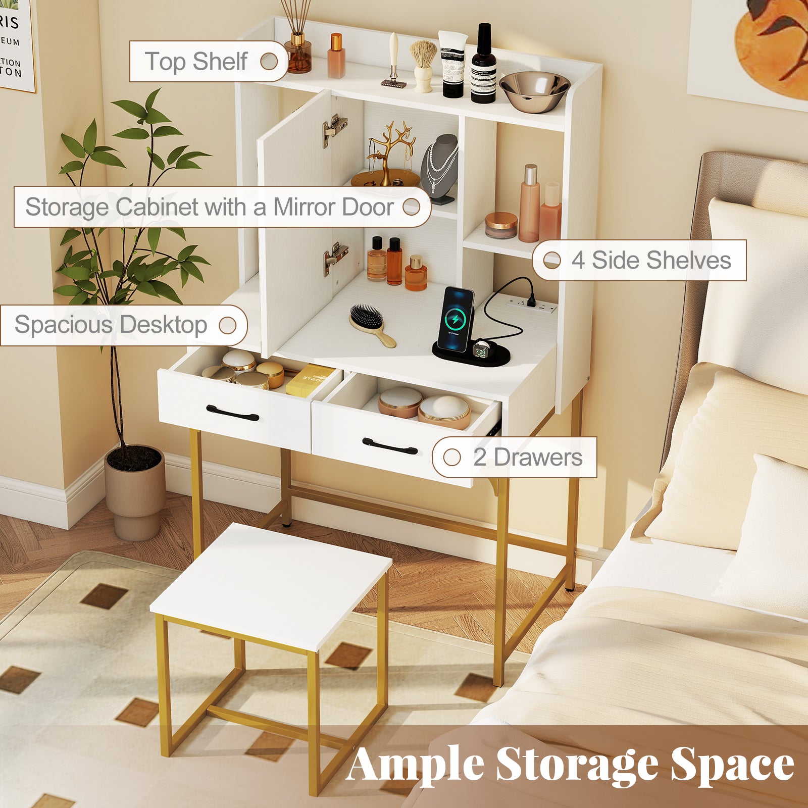 Vanity Desk with Storage Drawers and Charging Station-White