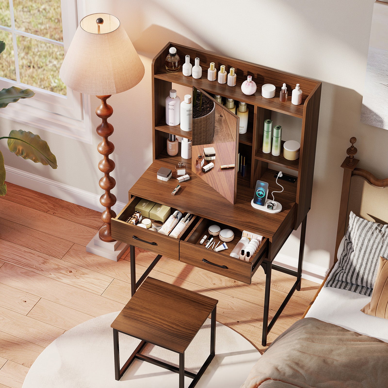 Vanity Desk with Storage Drawers and Charging Station-Walnut