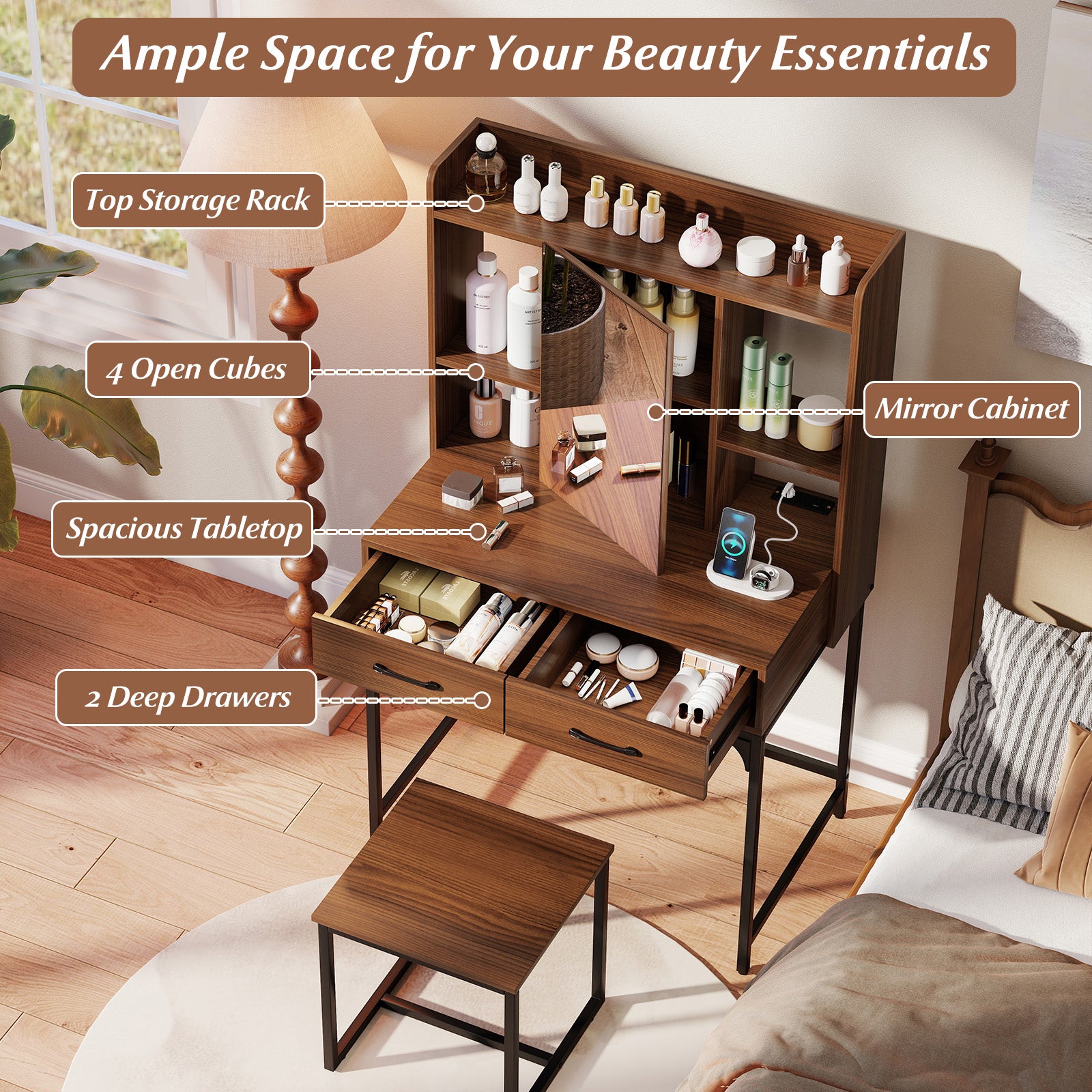 Vanity Desk with Storage Drawers and Charging Station-Walnut