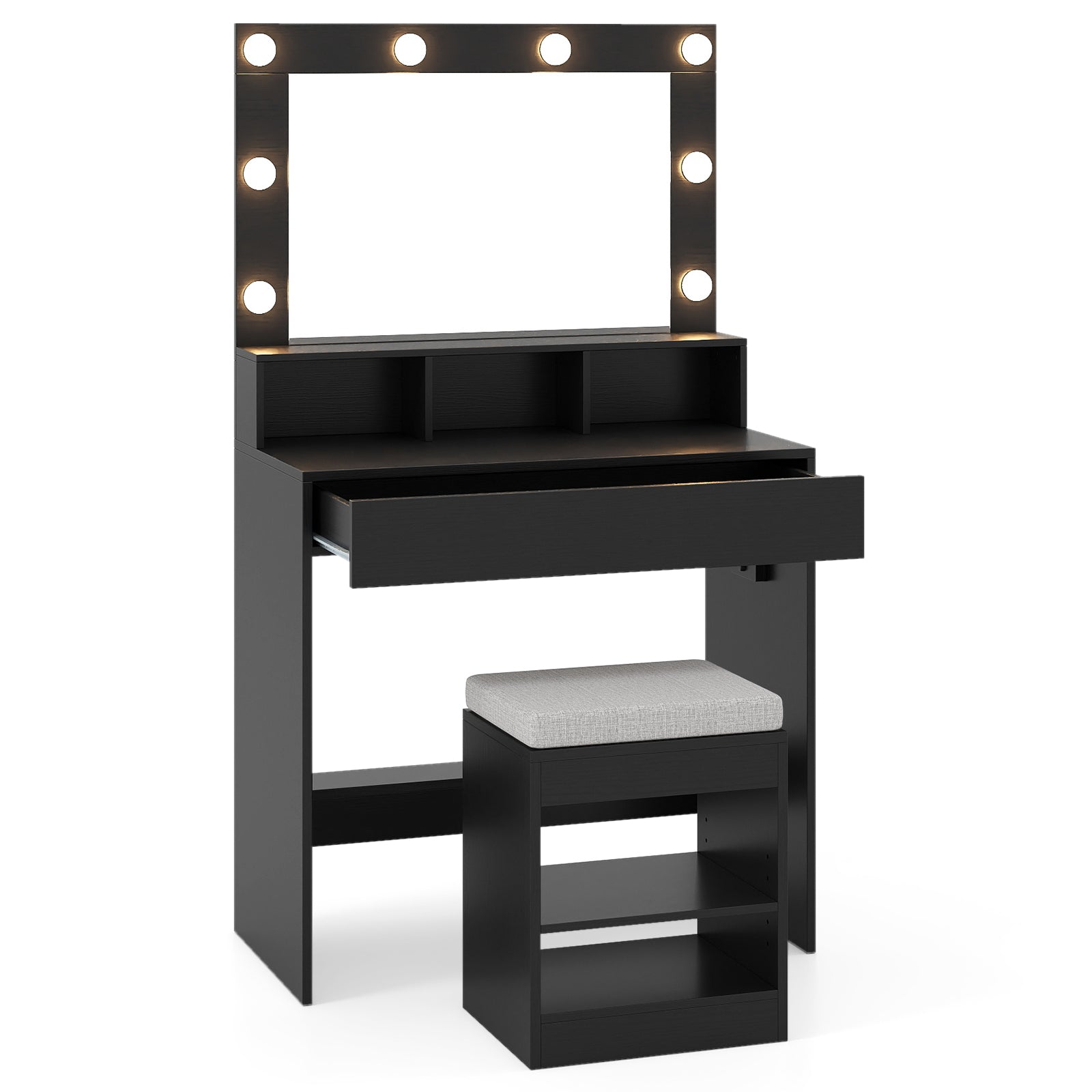 Vanity Table Set with Lighted Mirror and Cushion Stool-Black