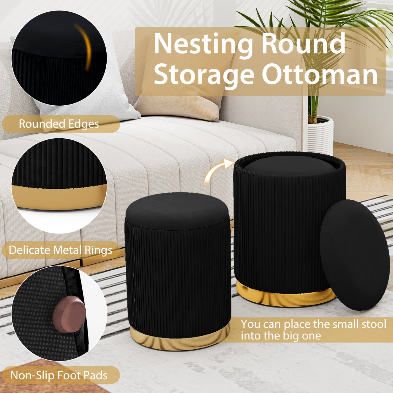 Velvet/Linen Fabric Storage Ottoman Set of 2-Black