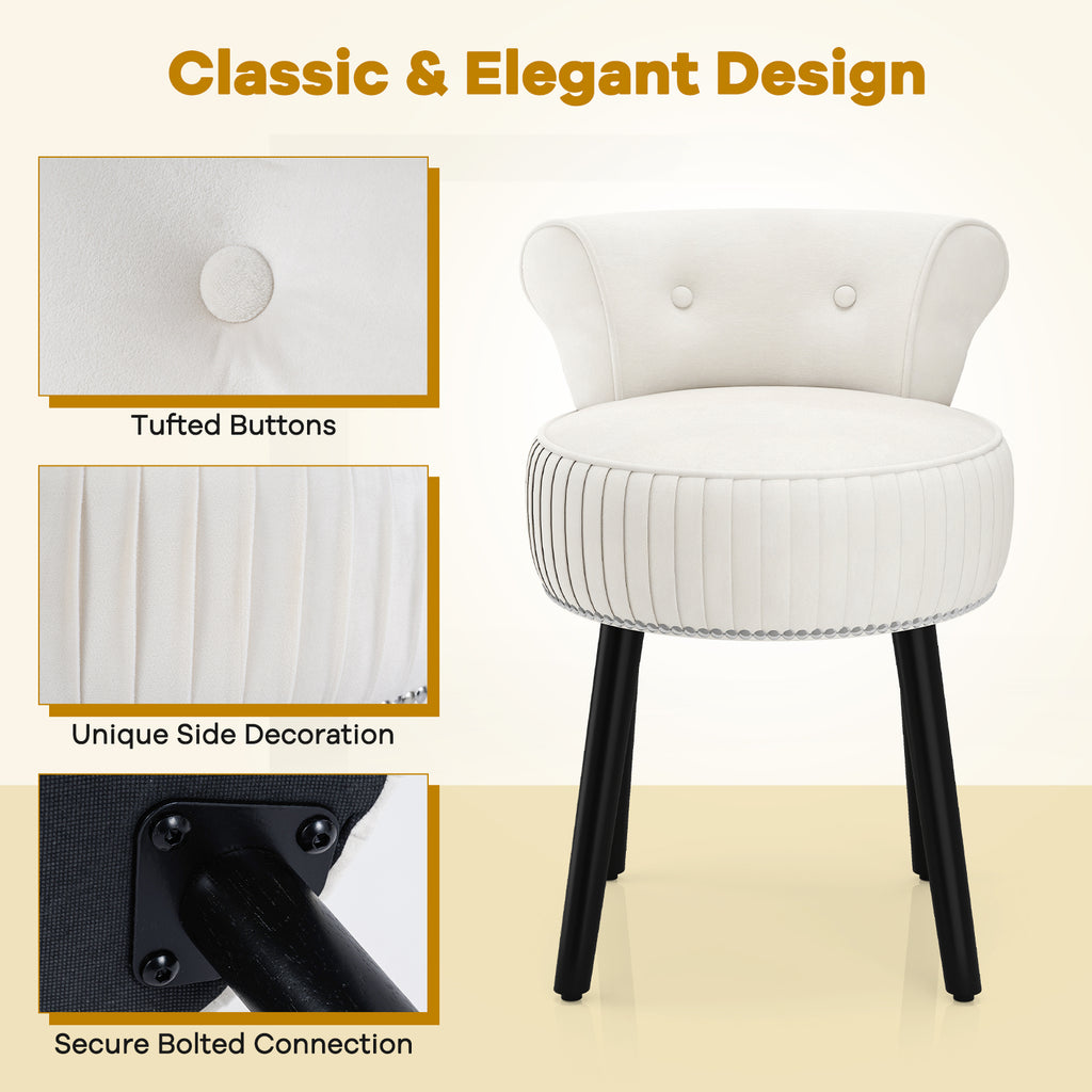 Velvet Vanity Chair with Back Upholstered Vanity Stool with Tufted Low Back and Solid Wood Legs-White