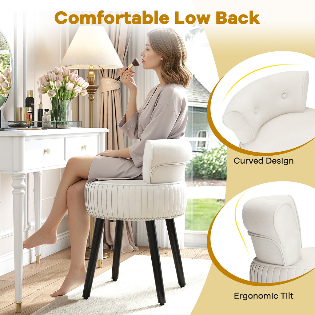 Velvet Vanity Chair with Back Upholstered Vanity Stool with Tufted Low Back and Solid Wood Legs-White