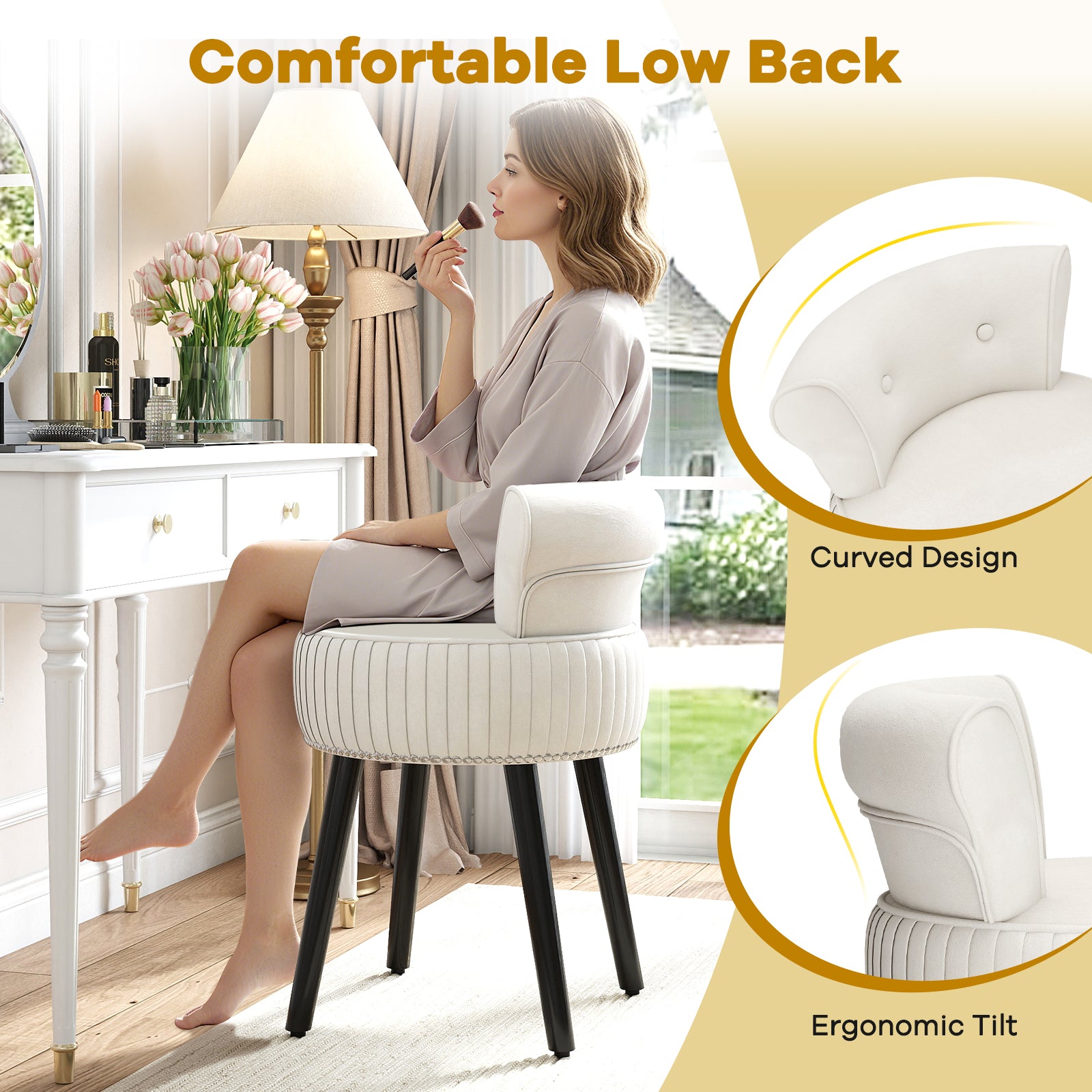 Velvet Vanity Chair with Back Upholstered Vanity Stool with Tufted Low Back and Solid Wood Legs-White