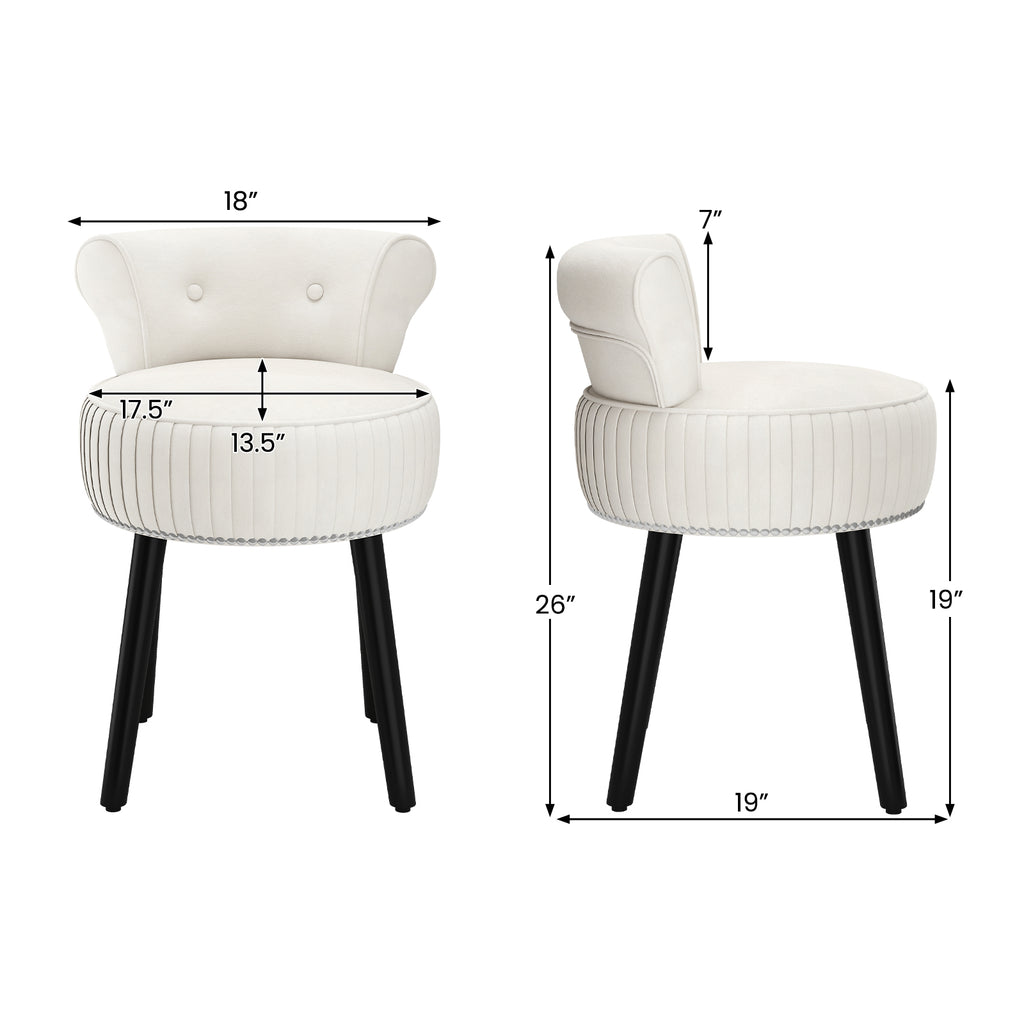 Velvet Vanity Chair with Back Upholstered Vanity Stool with Tufted Low Back and Solid Wood Legs-White