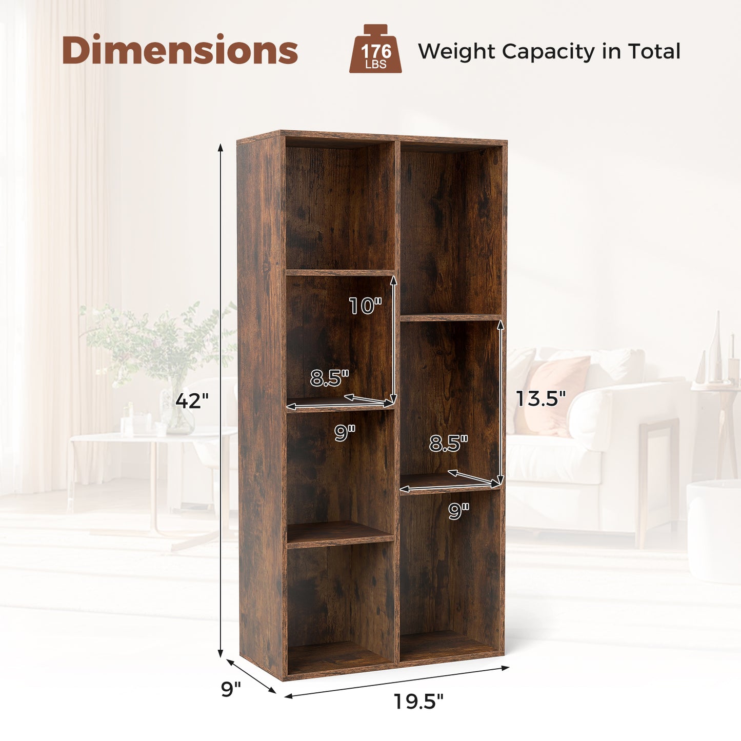 Vertical or Horizontal Freestanding Bookshelf with 7 Compartments-Rustic Brown