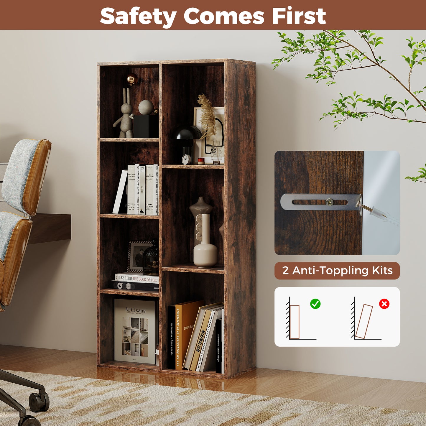 Vertical or Horizontal Freestanding Bookshelf with 7 Compartments-Rustic Brown