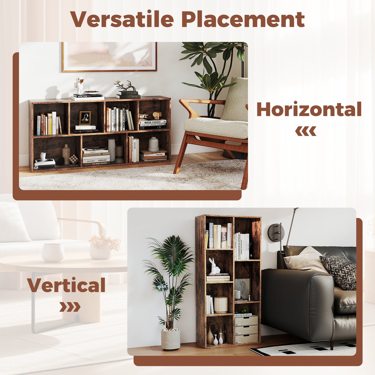 Vertical or Horizontal Freestanding Bookshelf with 7 Compartments-Rustic Brown