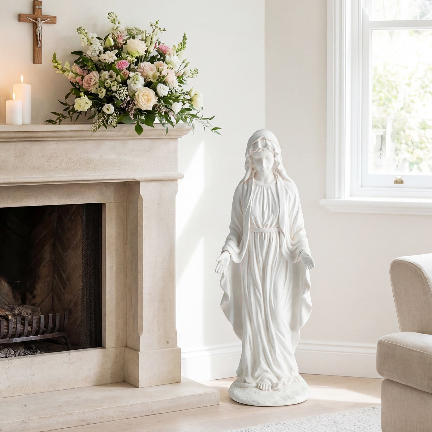 Virgin Mary Statue 29.5 inch Tall Outdoor Religious Sculpture with Aged Finish-White