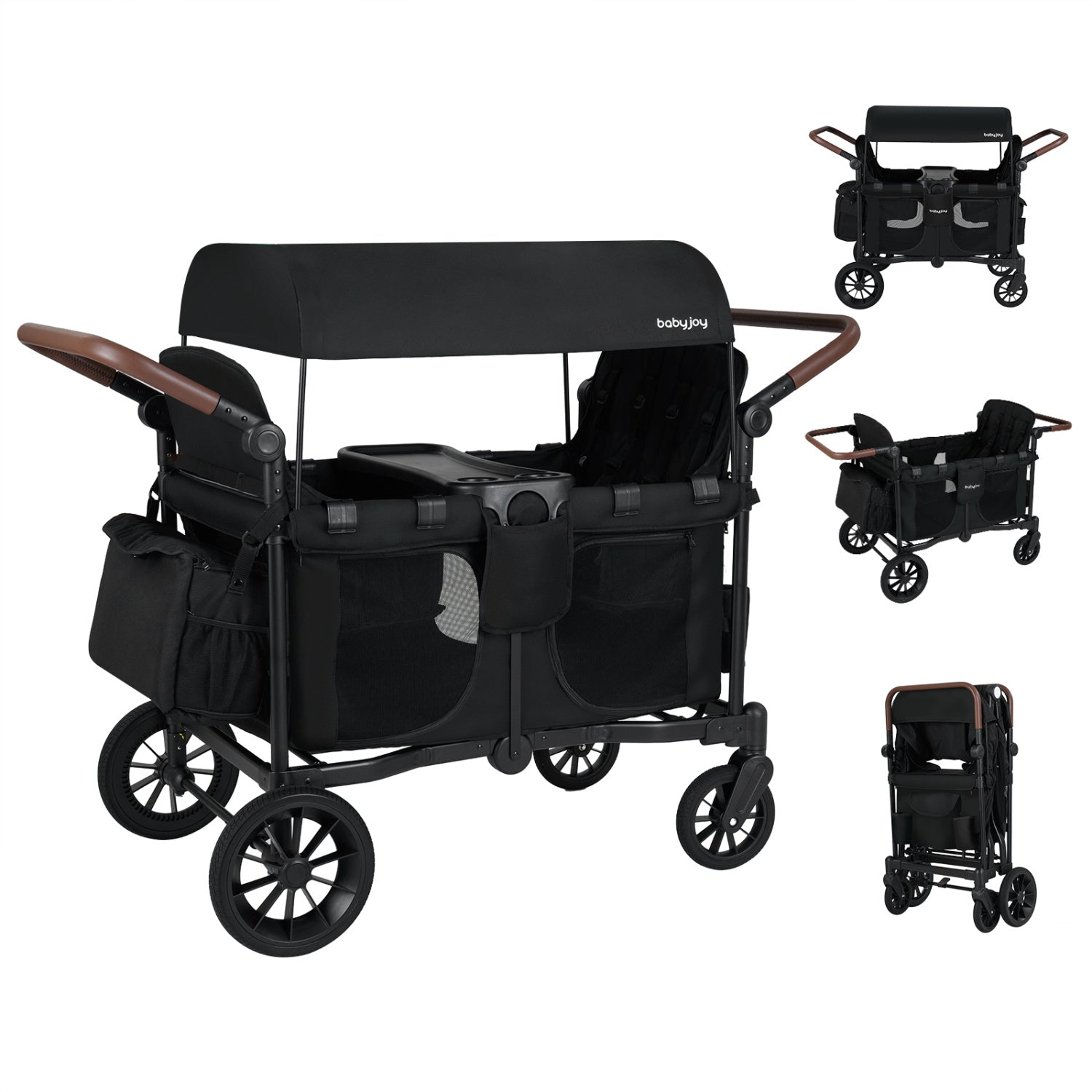 Wagon Stroller for 4 Kids Foldable 4-Seater Push-Pull Toddler Stroller-Black