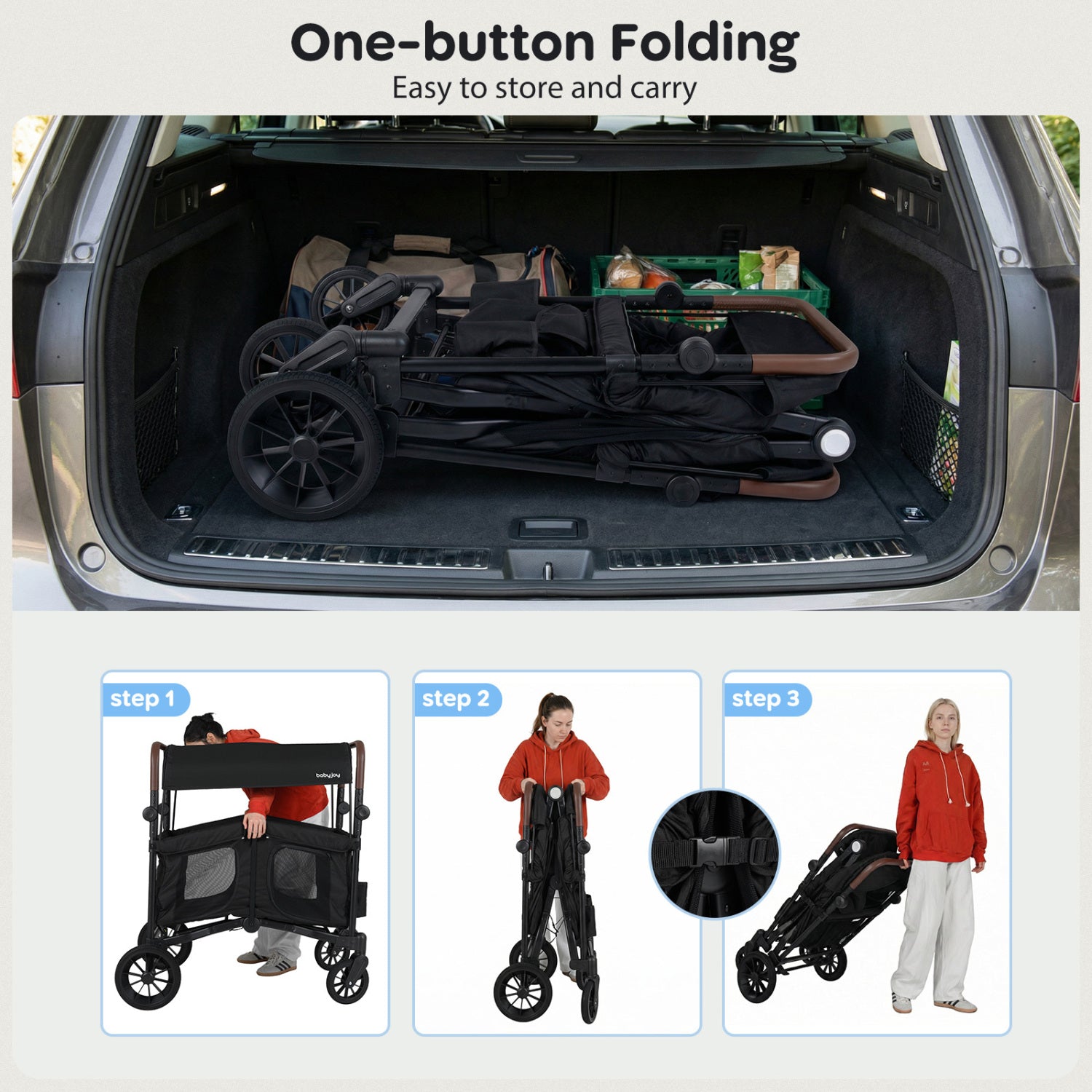 Wagon Stroller for 4 Kids Foldable 4-Seater Push-Pull Toddler Stroller-Black