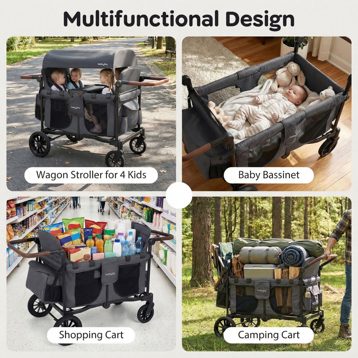 Wagon Stroller for 4 Kids Foldable 4-Seater Push-Pull Toddler Stroller-Gray