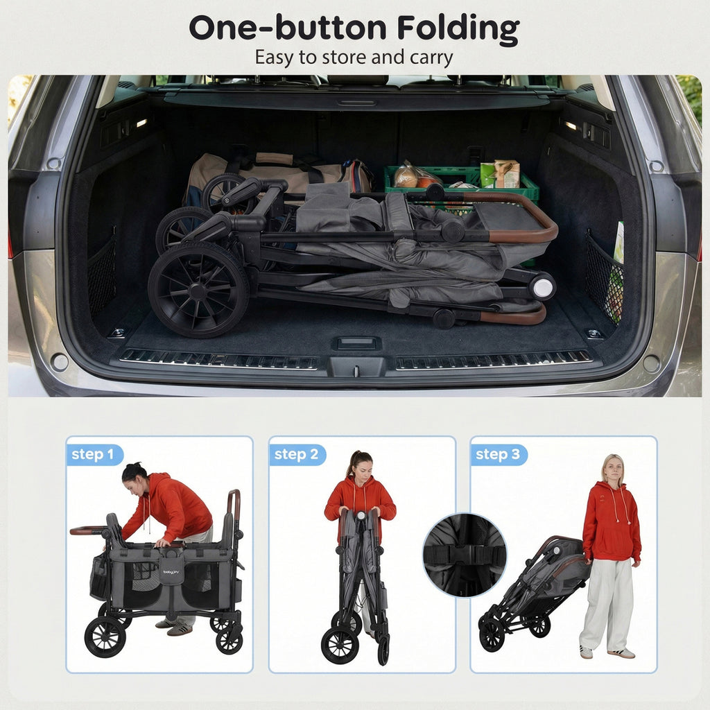 Wagon Stroller for 4 Kids Foldable 4-Seater Push-Pull Toddler Stroller-Gray