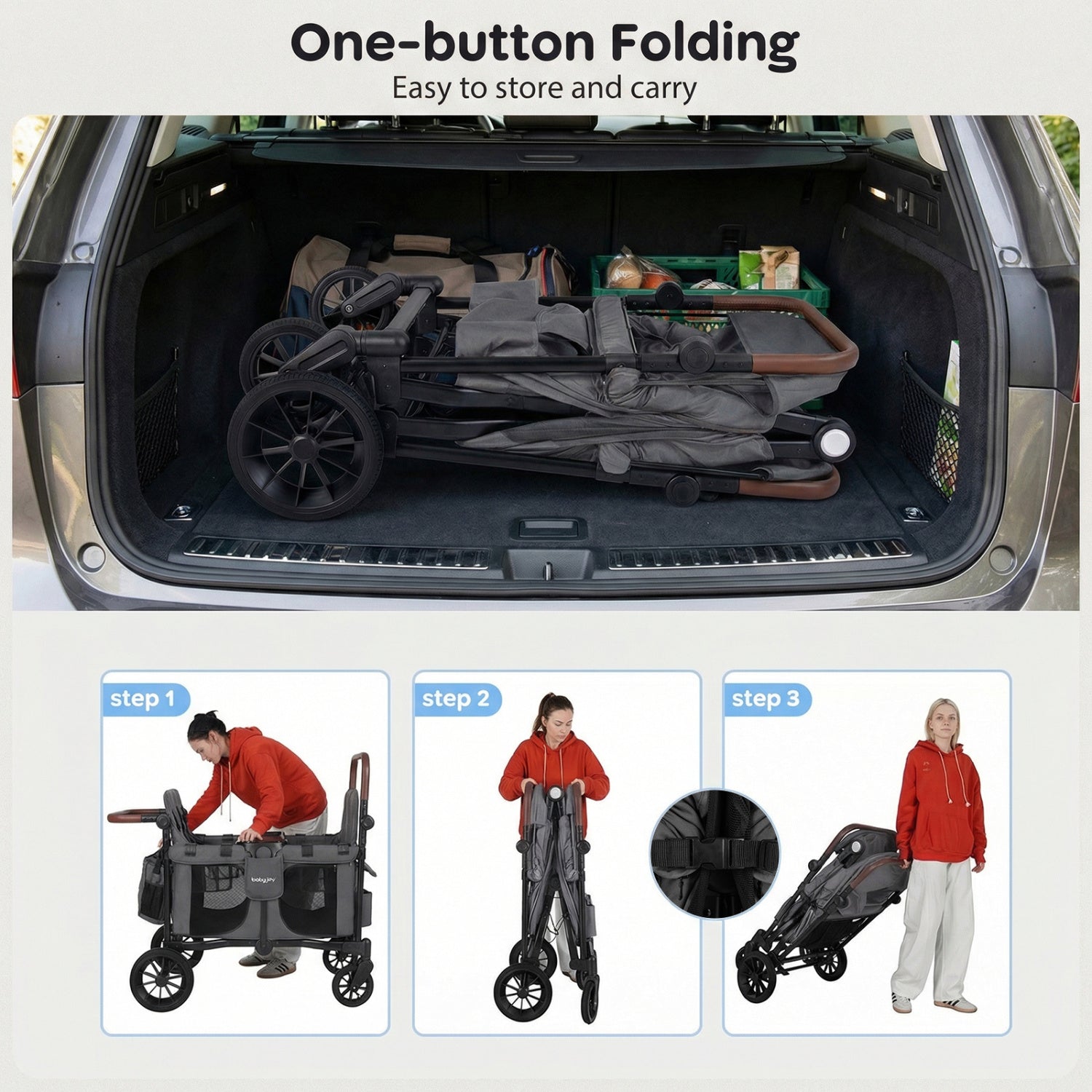 Wagon Stroller for 4 Kids Foldable 4-Seater Push-Pull Toddler Stroller-Gray