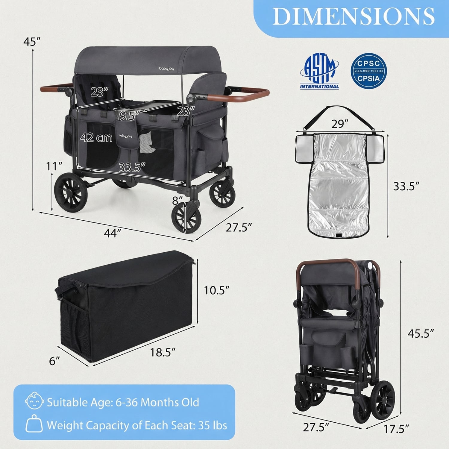 Wagon Stroller for 4 Kids Foldable 4-Seater Push-Pull Toddler Stroller-Gray