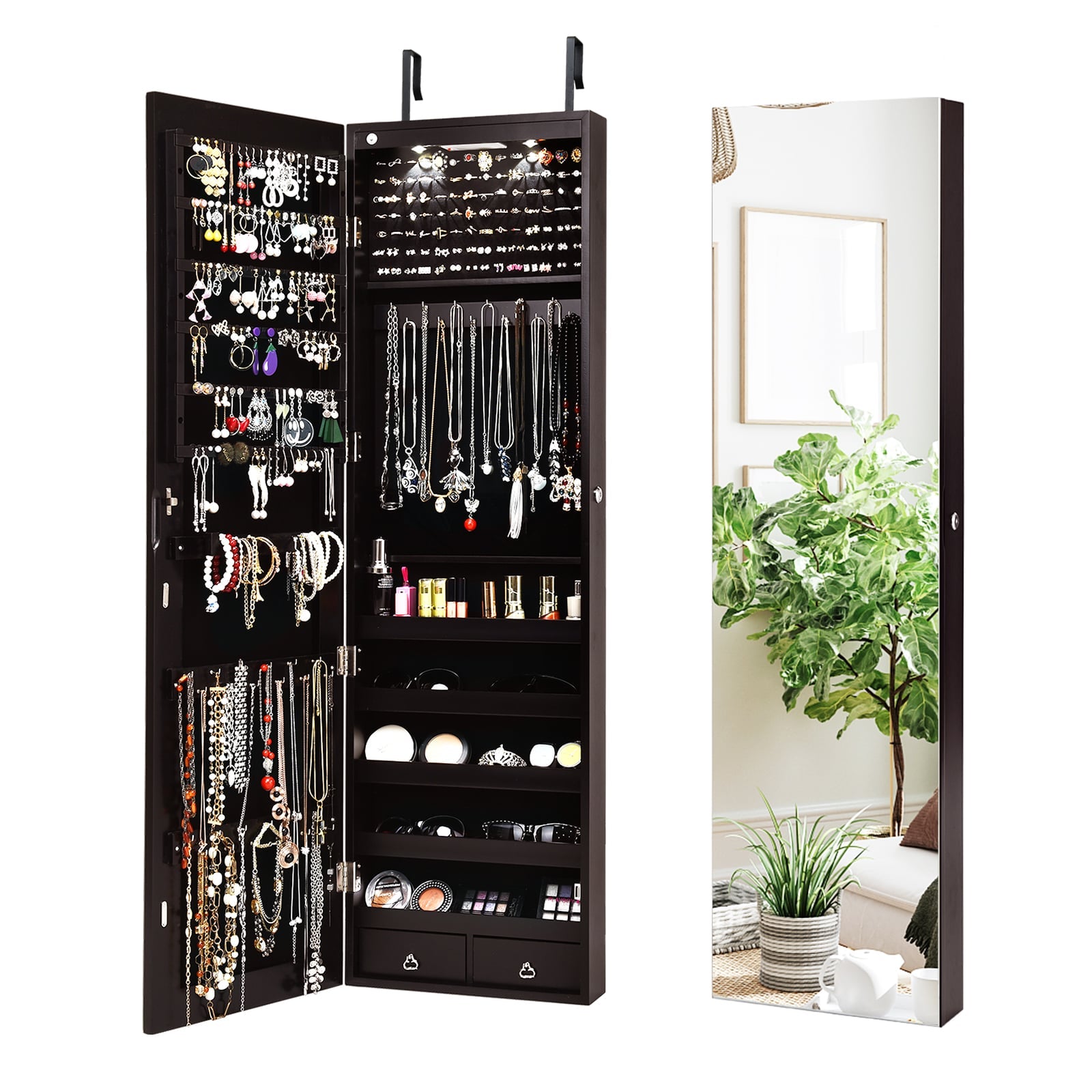 Wall And Door Mounted Mirrored Jewelry Cabinet With Lights-Brown