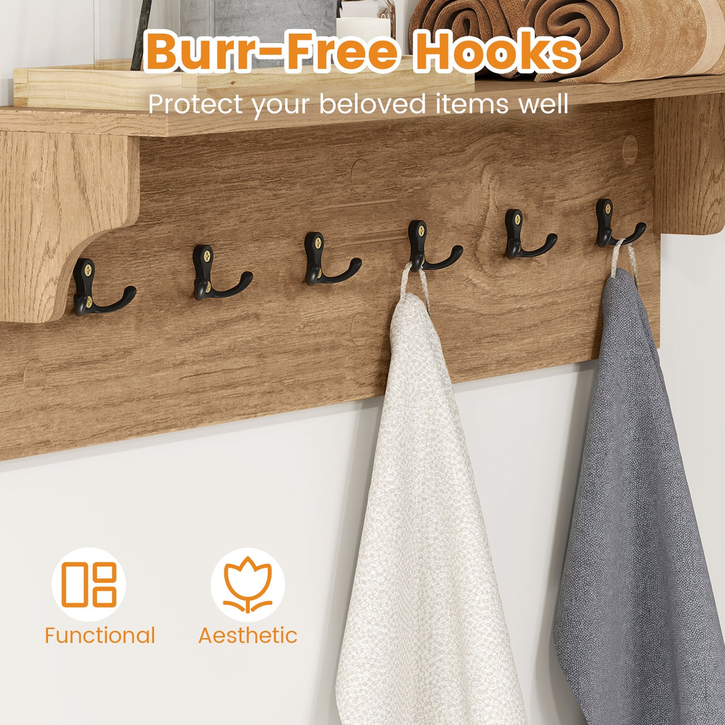 Wall Hooks with Shelf 31.5inch Wooden Coat Rack with 6 Hooks for Hats Towels Purses Robes-Natural