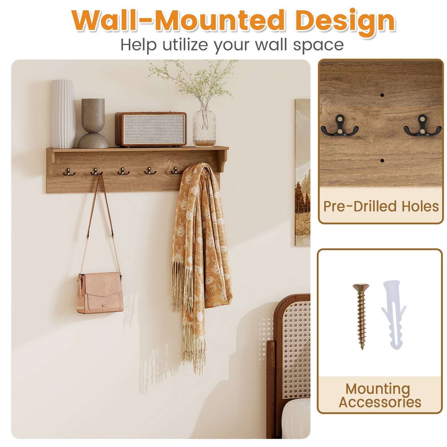 Wall Hooks with Shelf 31.5inch Wooden Coat Rack with 6 Hooks for Hats Towels Purses Robes-Natural