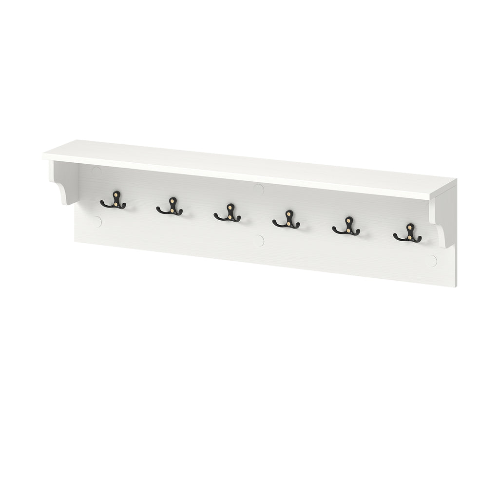 Wall Hooks with Shelf 31.5inch Wooden Coat Rack with 6 Hooks for Hats Towels Purses Robes-White