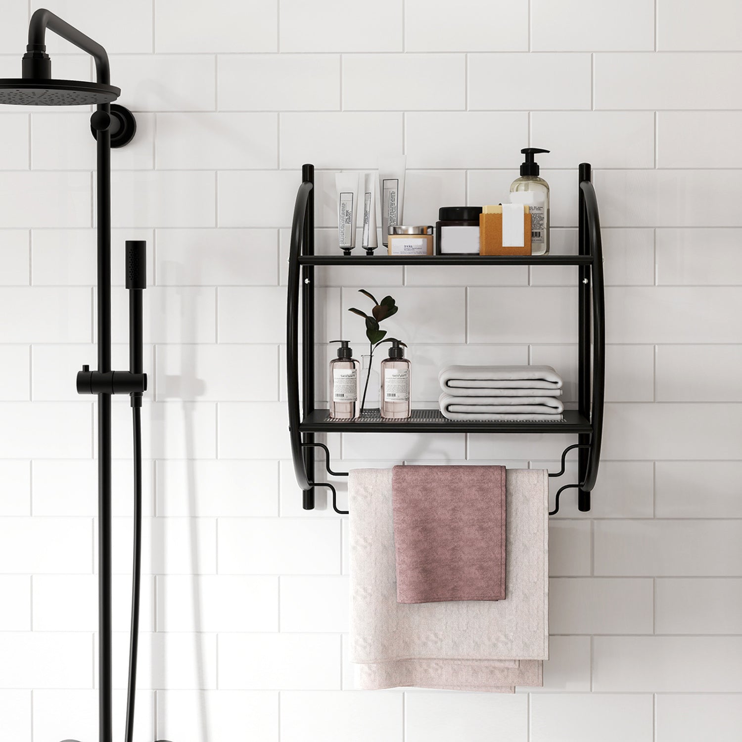 Wall Mounted 2-Tier Bathroom Towel Rack with 2 Towel Bars-Black