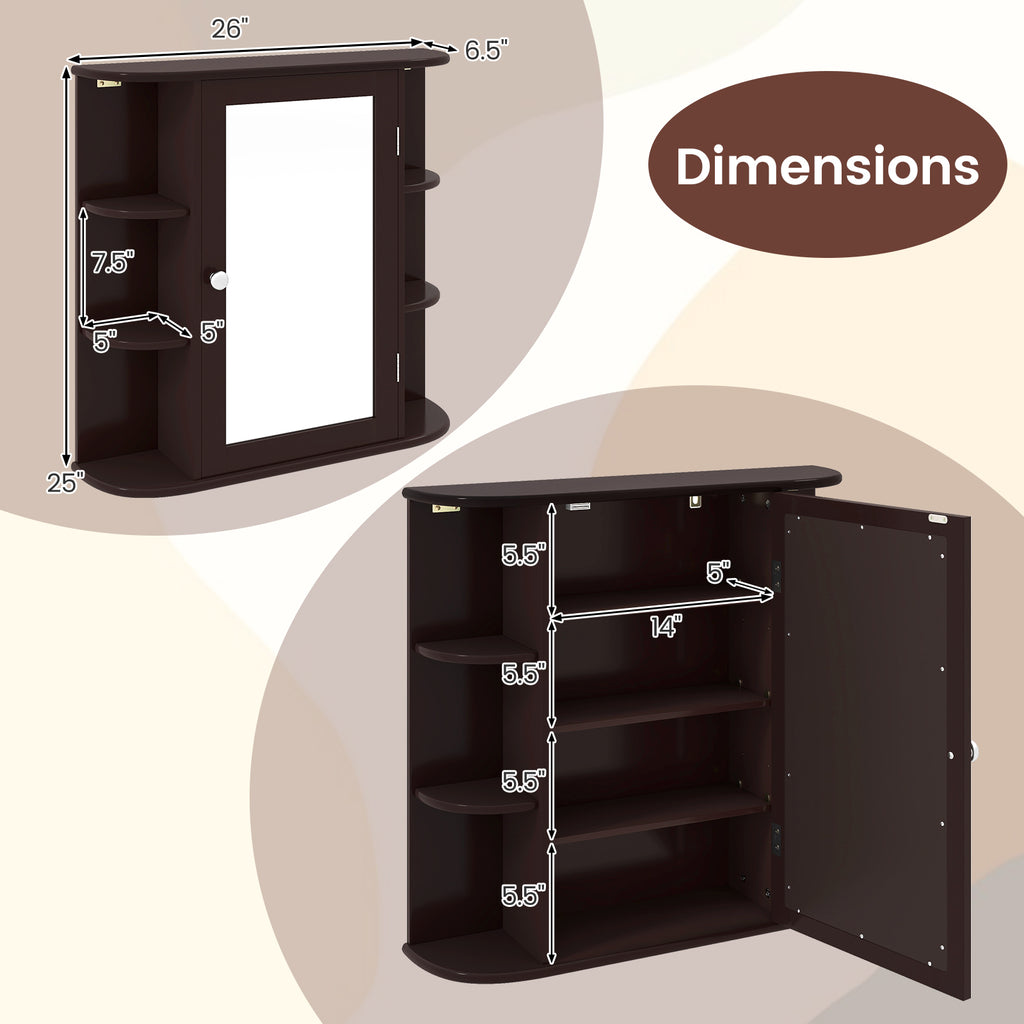 Wall-Mounted Bathroom Mirror Cabinet with Storage Shelves-Brown