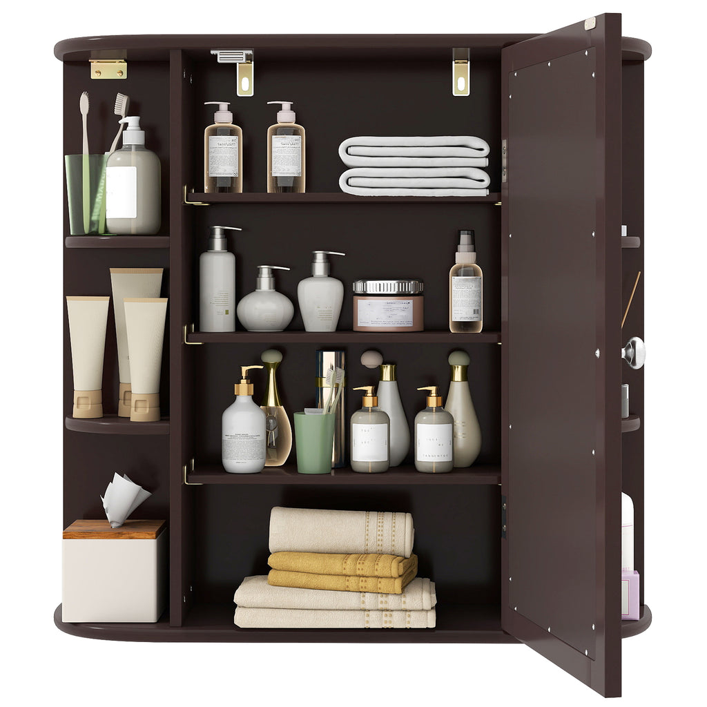 Wall-Mounted Bathroom Mirror Cabinet with Storage Shelves-Brown