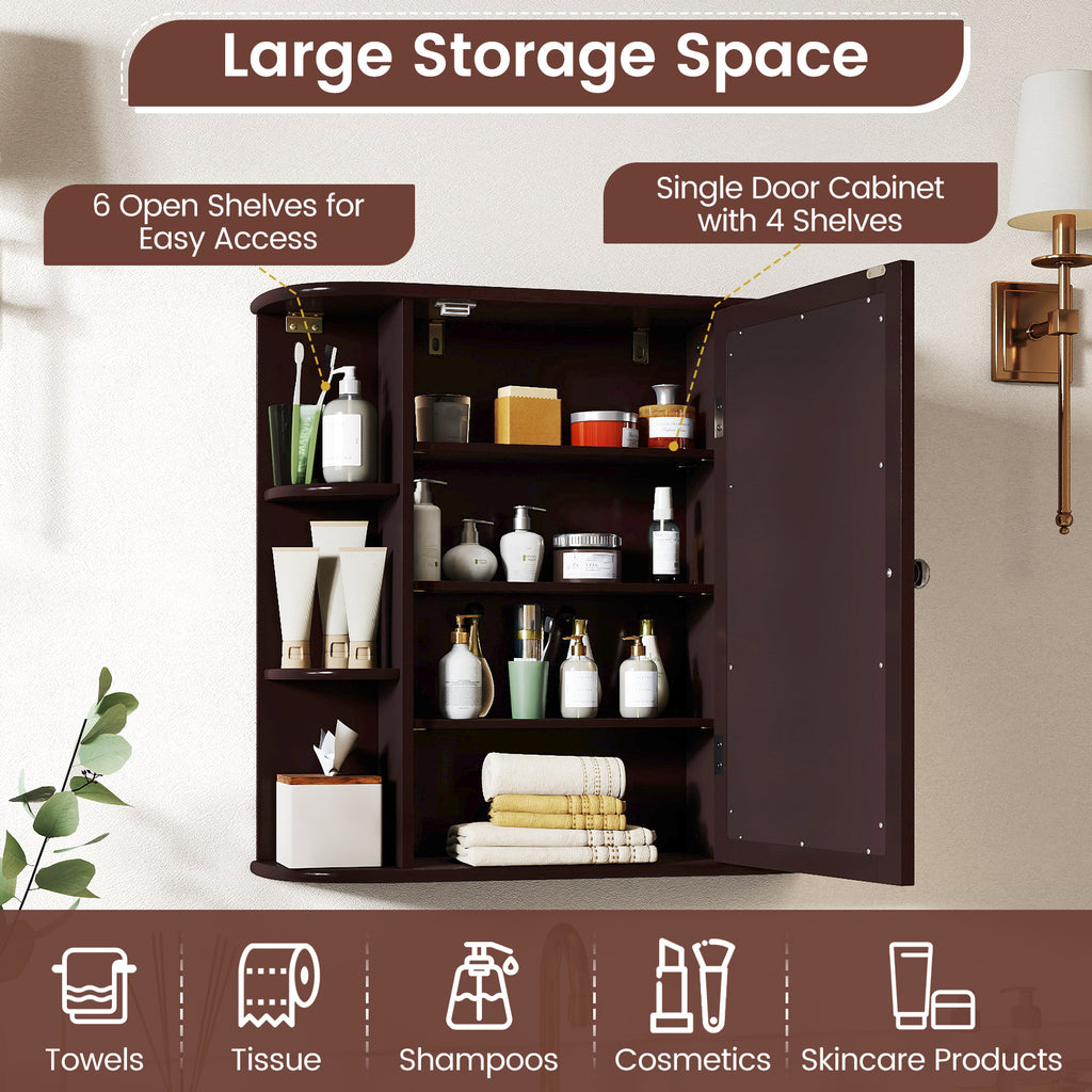 Wall-Mounted Bathroom Mirror Cabinet with Storage Shelves-Brown