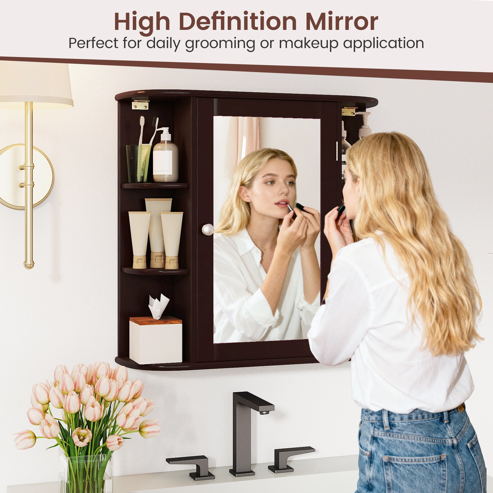 Wall-Mounted Bathroom Mirror Cabinet with Storage Shelves-Brown