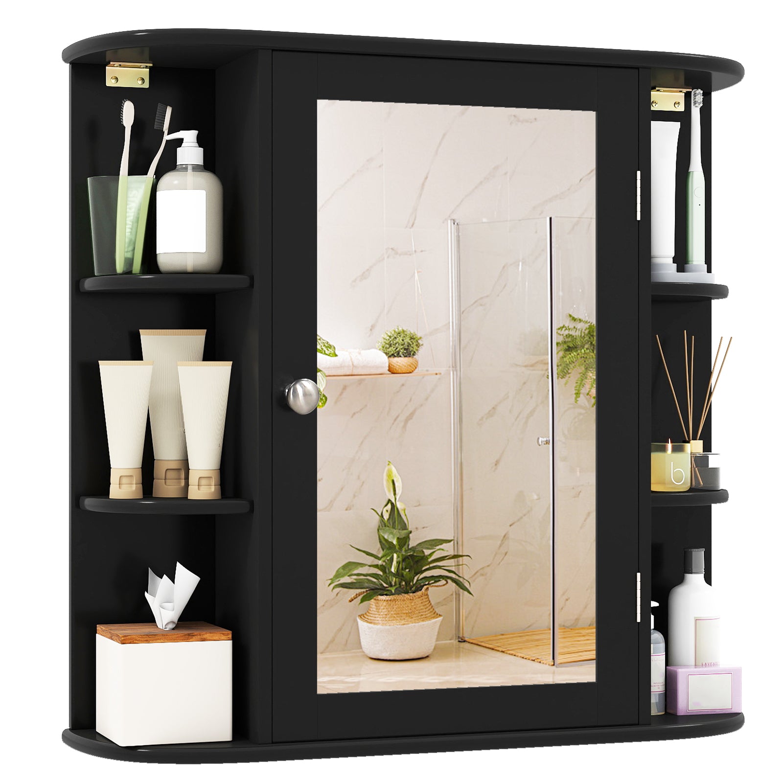 Wall-Mounted Bathroom Mirror Cabinet with Storage Shelves-Black