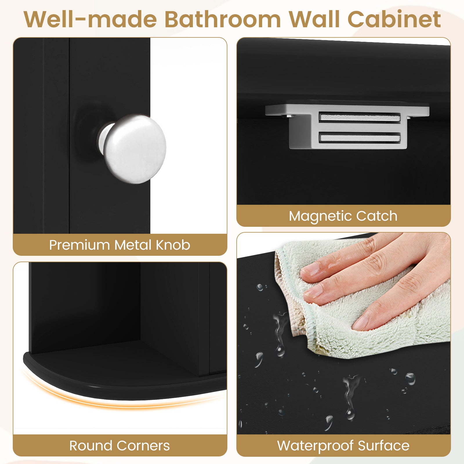 Wall-Mounted Bathroom Mirror Cabinet with Storage Shelves-Black