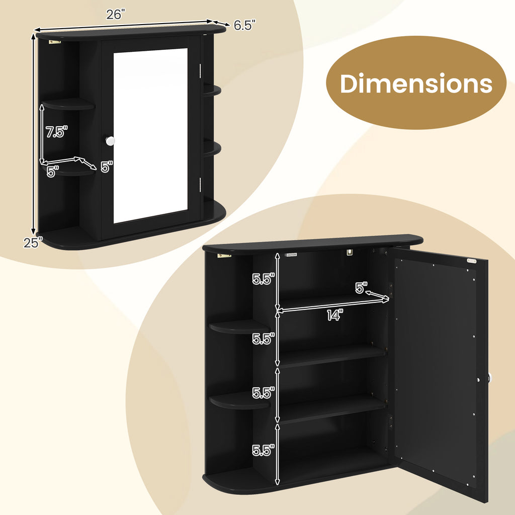 Wall-Mounted Bathroom Mirror Cabinet with Storage Shelves-Black