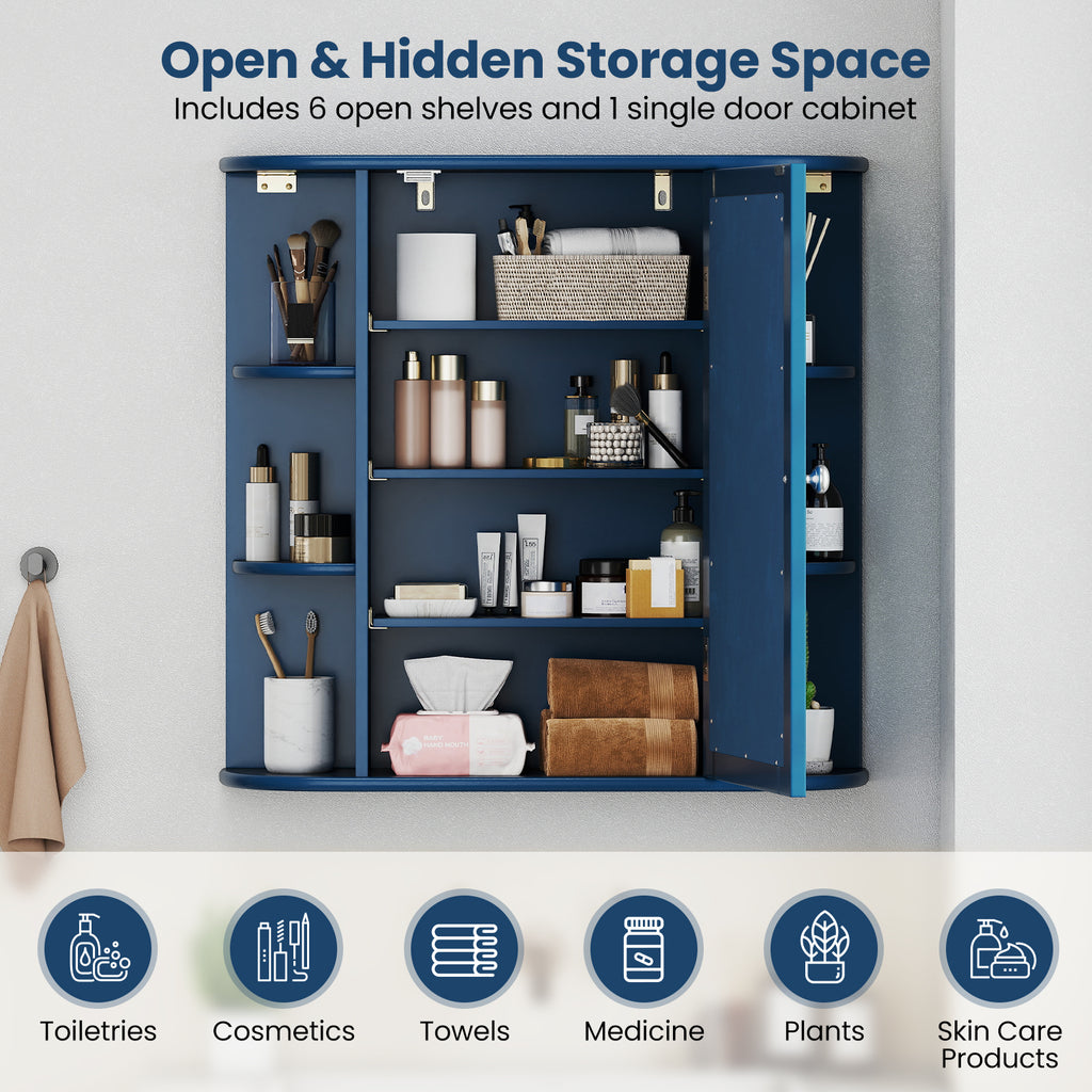 Wall-Mounted Bathroom Mirror Cabinet with Storage Shelves-Blue
