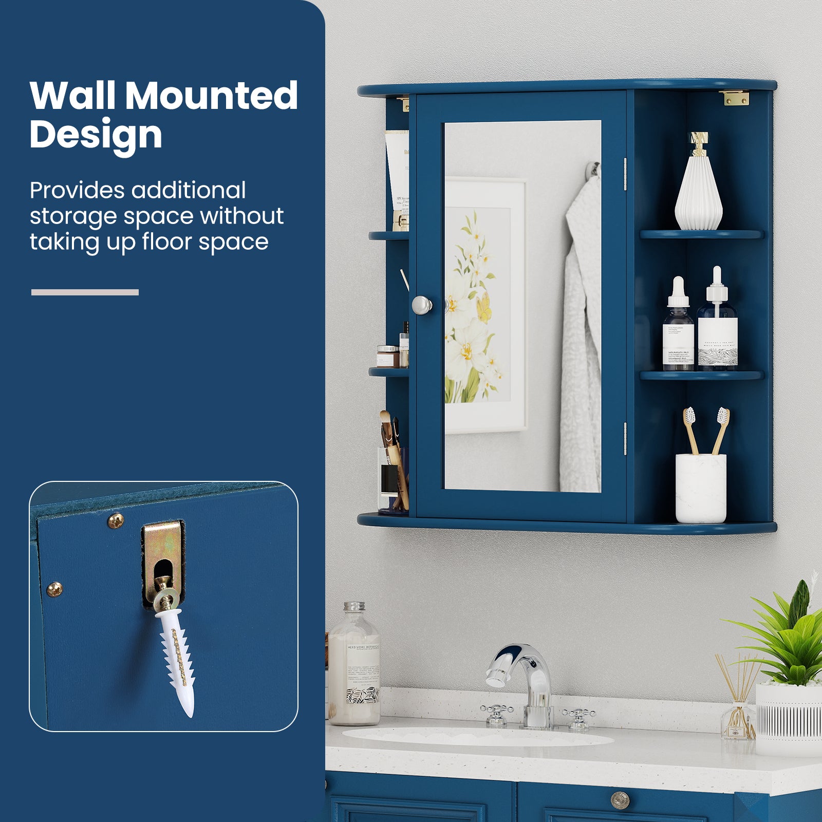 Wall-Mounted Bathroom Mirror Cabinet with Storage Shelves-Blue