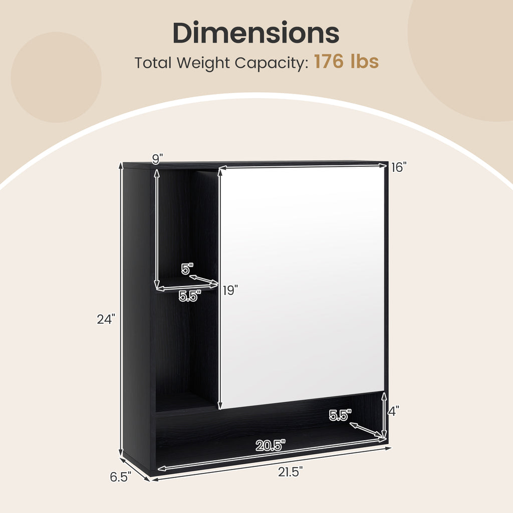 Wall Mounted  Bathroom Cabinet with Mirror Single Door-Black
