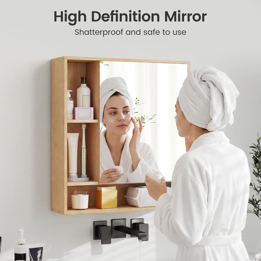 Wall Mounted  Bathroom Cabinet with Mirror Single Door-Natural
