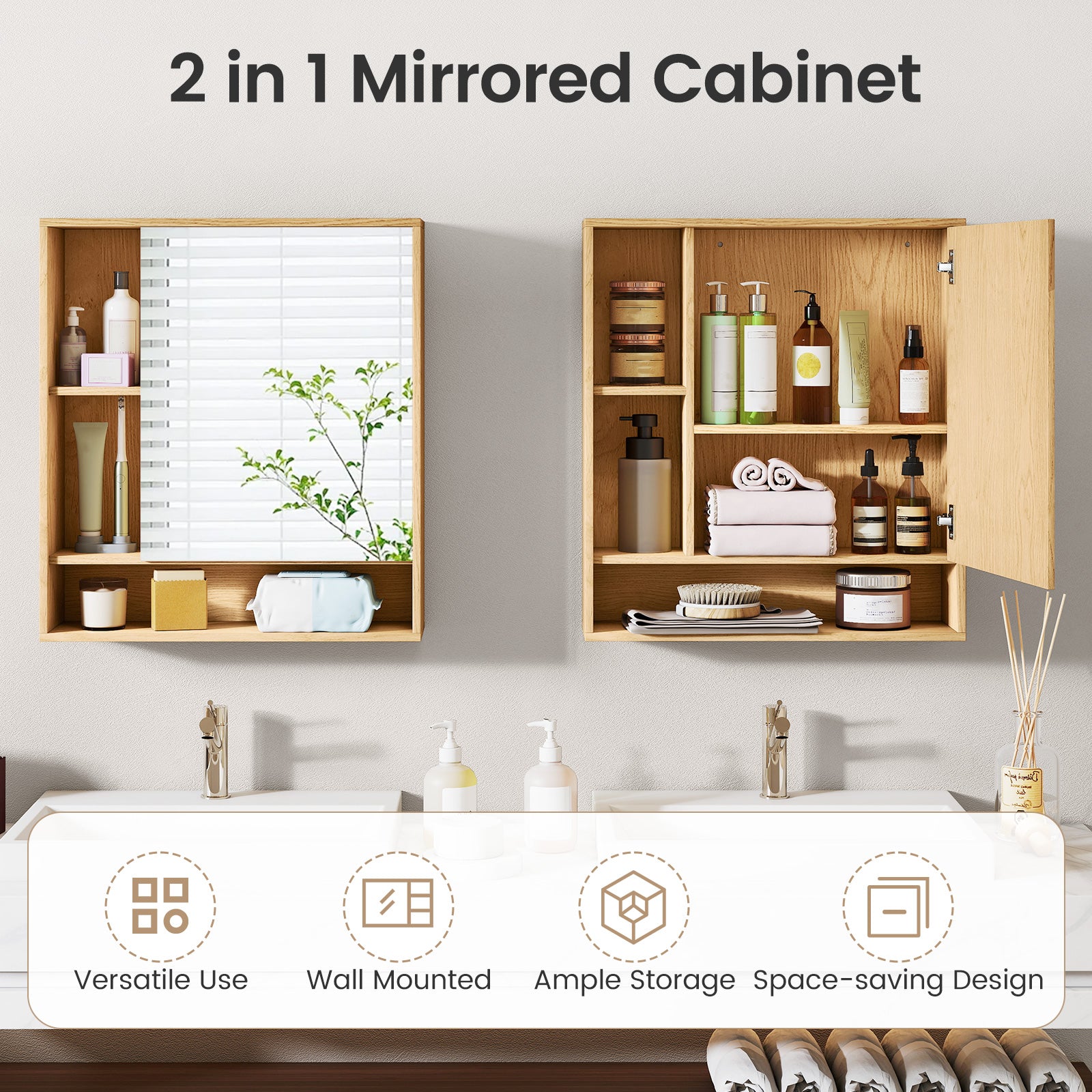 Wall Mounted  Bathroom Cabinet with Mirror Single Door-Natural