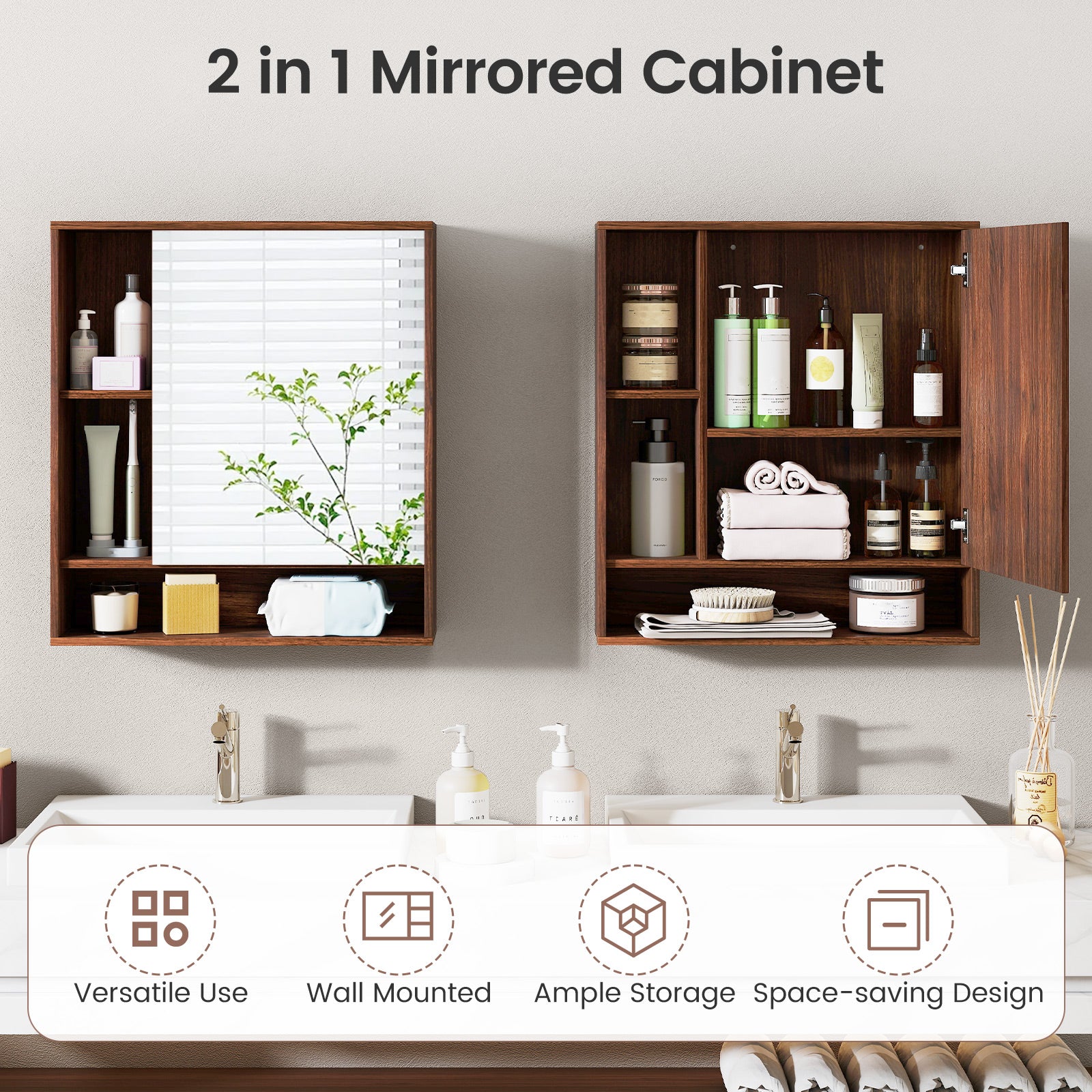 Wall Mounted  Bathroom Cabinet with Mirror Single Door-Walnut