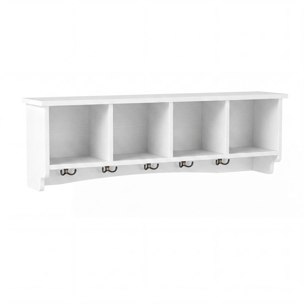 Wall-Mounted Coat Rack with 4 Cubbies and 5 Double Hooks and Wooden Shelf-White