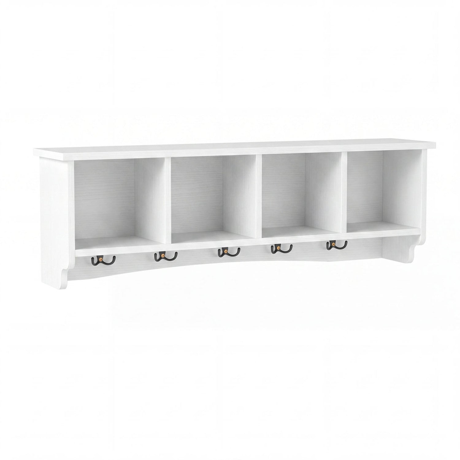 Wall-Mounted Coat Rack with 4 Cubbies and 5 Double Hooks and Wooden Shelf-White