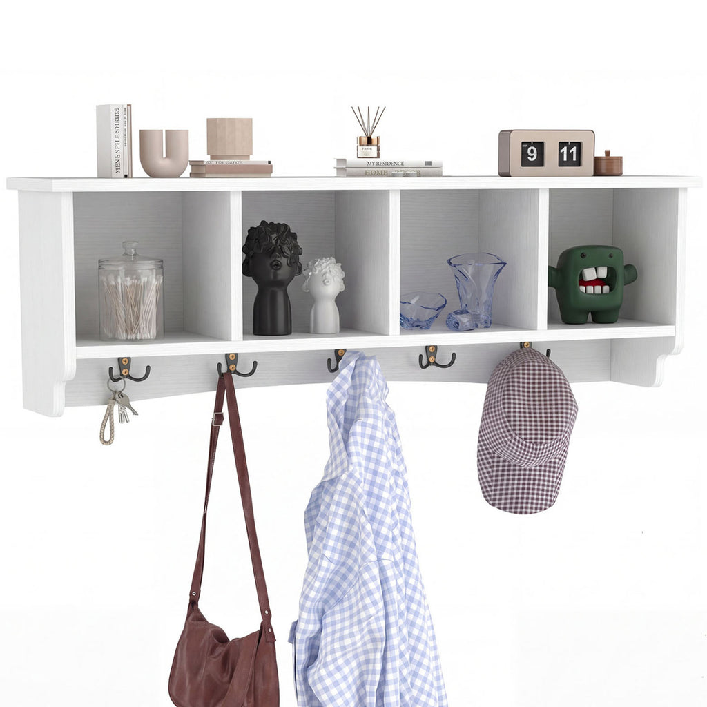 Wall-Mounted Coat Rack with 4 Cubbies and 5 Double Hooks and Wooden Shelf-White