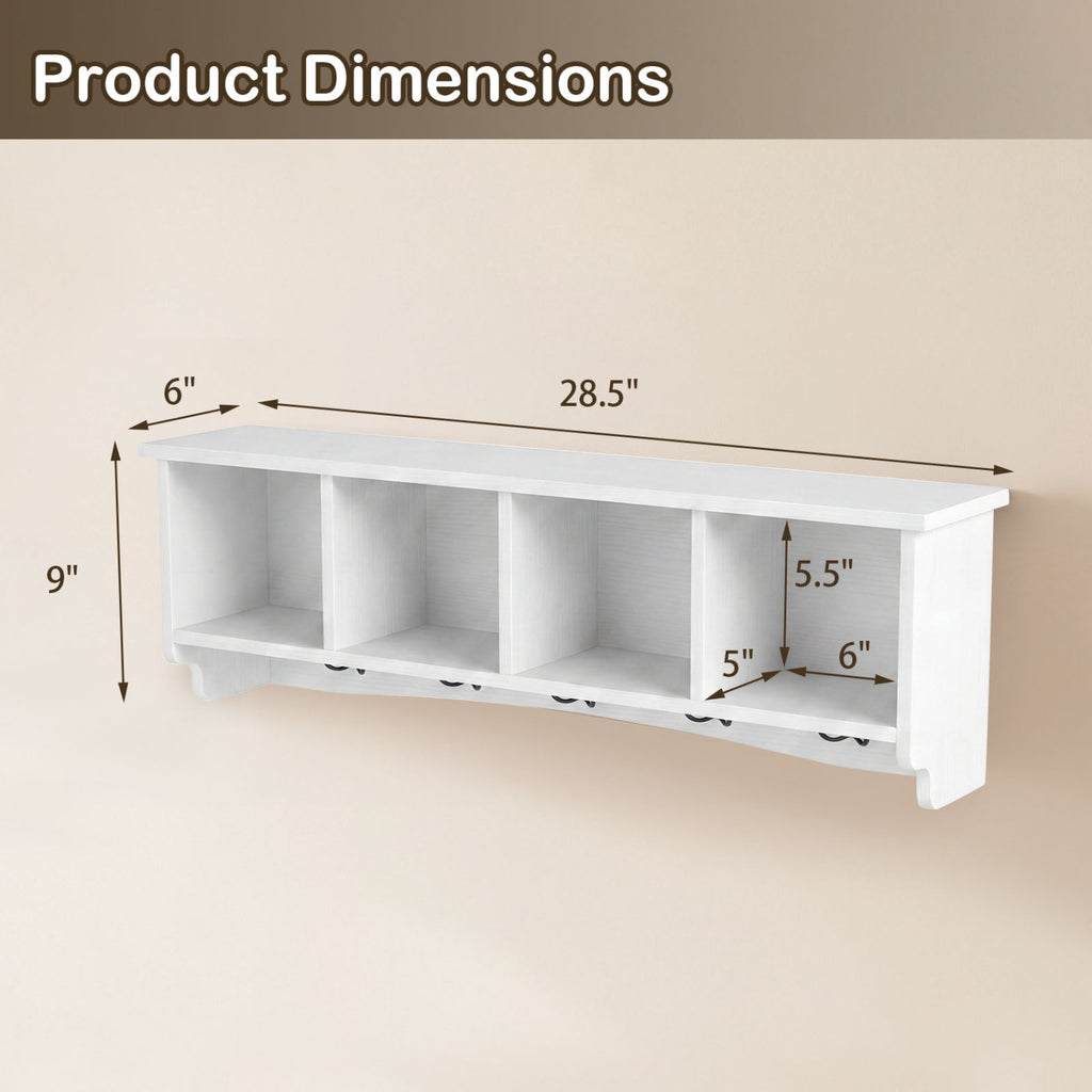 Wall-Mounted Coat Rack with 4 Cubbies and 5 Double Hooks and Wooden Shelf-White